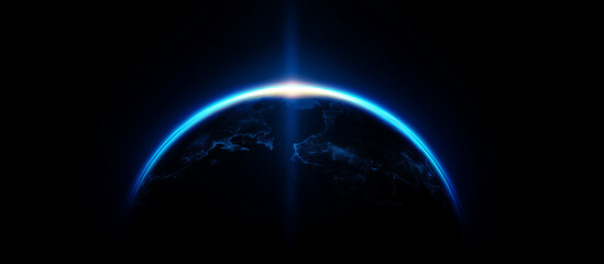 Blue glowing light beam on a black background with an earth shadow. Abstract blue gradient space background with a copy text area for design, banner, wallpaper, or poster. Stock photo, dark atmosphere