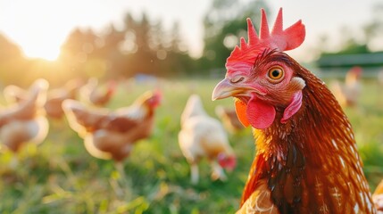 Vibrant brown chicken hen on a free-range farm with golden hour sunlight and blurred flock in background