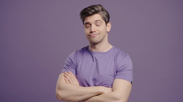 Fearless arrogant man in violet studio. Selfish guy portrait with confident look
