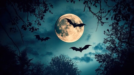Naklejka premium Full moon shining brightly in a dark Halloween night sky, silhouettes of bats flying across, casting a spooky and magical atmosphere