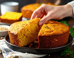 Golden Cake Slice Being Served On Wooden Table