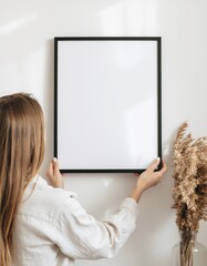 Woman from behind hanging a blank vertical frame mockup on a white wall next to pampas grass.