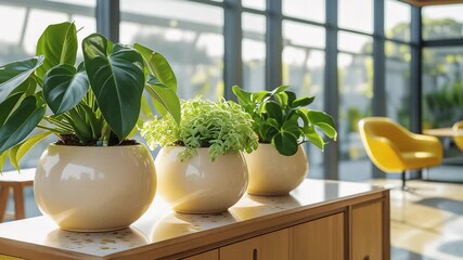 Indoor potted green plants in round ceramic pots arranged on wooden table in bright modern living space with large glass windows