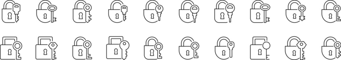 Bundle of Line Icons of Key with Lock. Minimalistic Linear Pictogram for Web and Graphic Design, Apps, Banners, Social Network and Cards