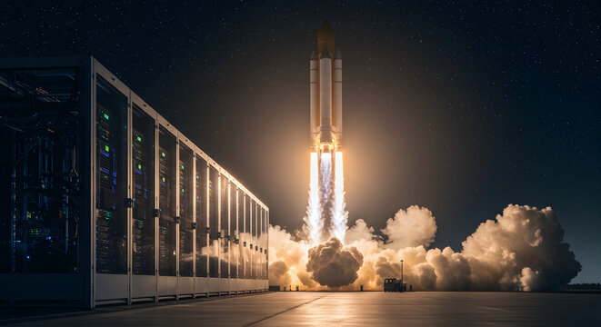 Powerful Rocket Launching near Computer Servers on Concrete Pad at Night