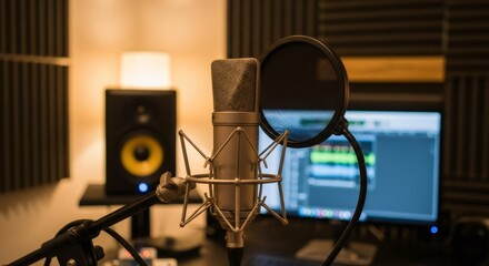 Professional studio microphone with pop filter and monitor showing audio editing software for recording and broadcasting.