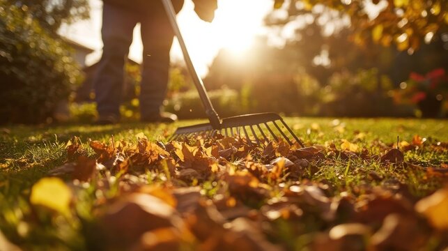 Autumn yard work: Raking golden leaves under a warm sun
