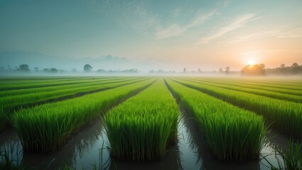Lush green rice fields at sunrise with mist and a distant tree line; agricultural landscape. Nature and farming scene. The concept of rural cultivation and landscape.
