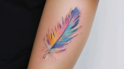 Watercolor feather tattoo with a mix of soft pastels and bold tones.