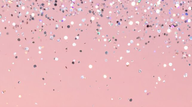 Sfondo rosa con scintillanti coriandoli argentati e dorati che cadono, texture festosa per celebrazioni.