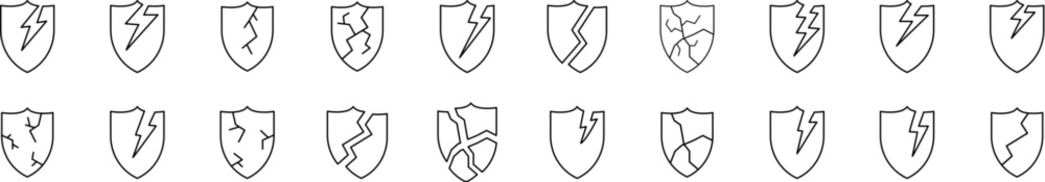 Set of Defense Related Line Icons. Broken Shield Outline Signs for Graphic and Web Design, Apps, Adverts, Various Cards