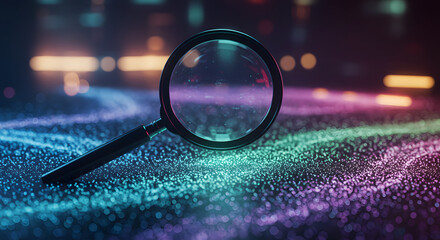 Magnifying Glass on Colorful Particle Surface with Bokeh Lights