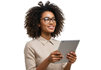 Young african american woman, curly hair, black-rimmed glasses, neutral top, holding silver tablet, thoughtful gaze, white bokeh background. Concept of strategic thinking