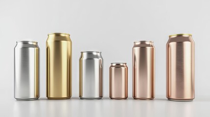 Metallic cans in different sizes arranged symmetrically on a plain white backdrop, perfect for packaging presentations