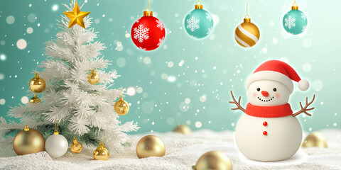 白いクリスマスツリーとサンタ帽のスノーマンの冬景色