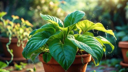 Healthy green houseplant in a pot with lush leaves. Indoor gardening and plant care. The concept of nature and greenery.