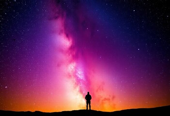 Fototapeta premium Silhouetted figure in vast, star-filled cosmos, solitary, dark matter