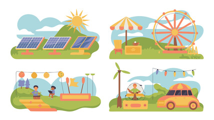 Fototapeta premium Cartoon Illustration of Solar Panels, Ferris Wheel, Children, Rides, and Car at an Outdoor Fair