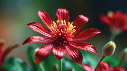 Red flower with yellow center in bloom, surrounded by green leaves.