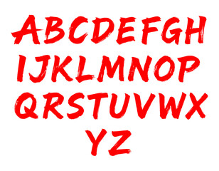 English alphabet done in bold red brush strokes in artistic calligraphy style for creative typography and design. Handwritten vector font with dry brush texture.