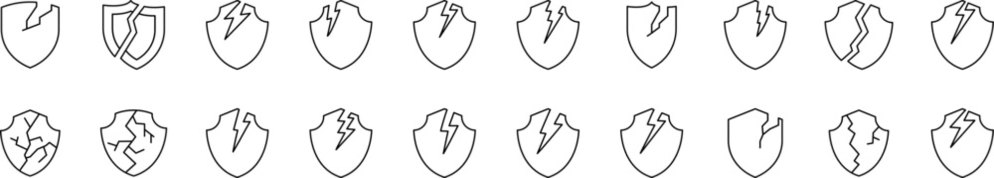 Broken Shield Related Icon Set. Editable Stroke. Perfect for Web Sites, Books, Cards, Apps