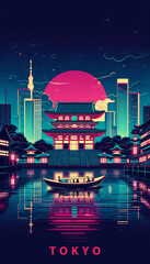 Tokyo city with neon light effect poster design
