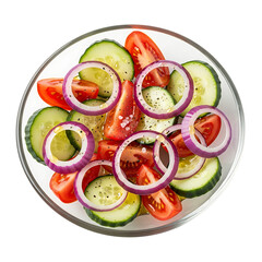 Cucumber and tomato salad with red onion rings isolated on transparent background