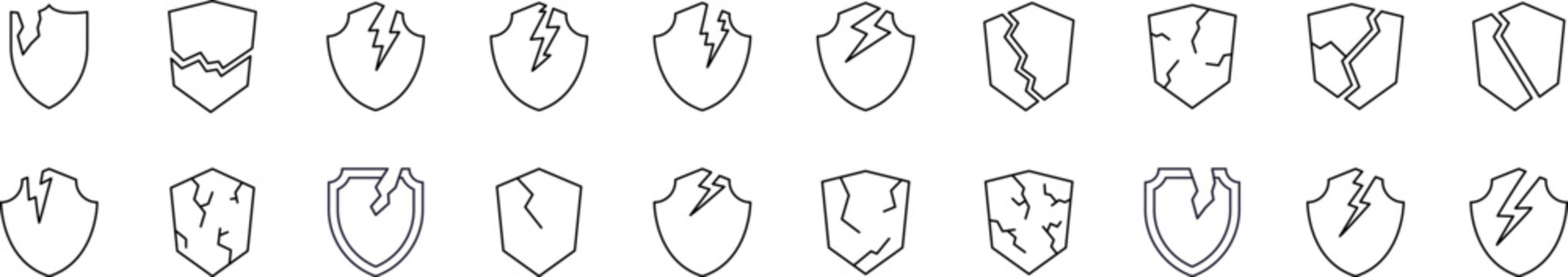 Simple Linear Illustration of Defence. Contains Icons of Broken Shield for Graphics, Concept, Apps
