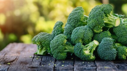 Pile of fresh organic broccoli heads on a farm-style table, emphasizing freshness and healthy eating