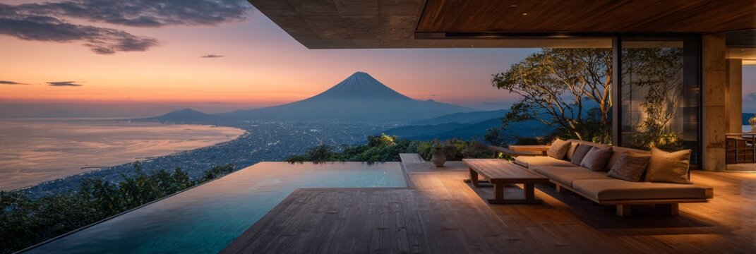 富士山の絶景を望む近代的日本建築の別荘
