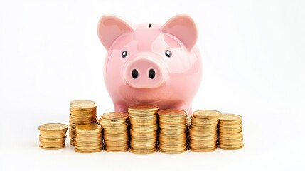 Pink pig piggy bank with golden coins piled high in front of it, isolated against pure white
