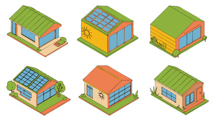 Colorful Isometric Houses with Solar Panels and Green Roofs Cartoon Illustration Set