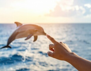 Human Hand Touches Jumping Dolphin In Ocean
