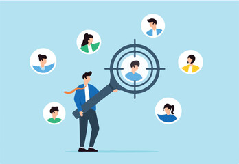 Businessman focus with magnifying glass on customer, user, or people