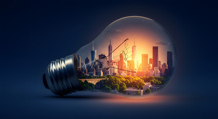Cityscape Inside Glass Lightbulb with Warm Sunset Glow