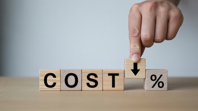 A visual representation of cost reduction, with a hand positioning a block to form 'Cost%'
