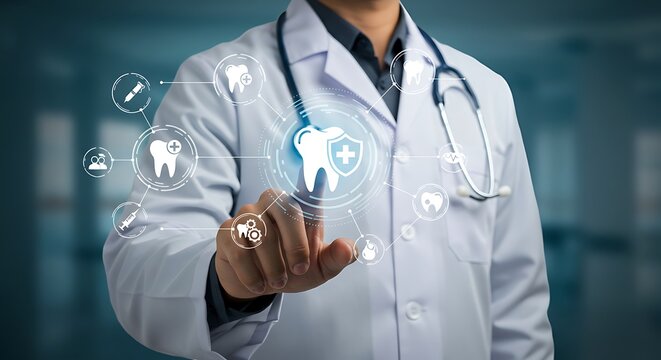 Dentist pointing at digital interface with tooth icon representing dental healthcare