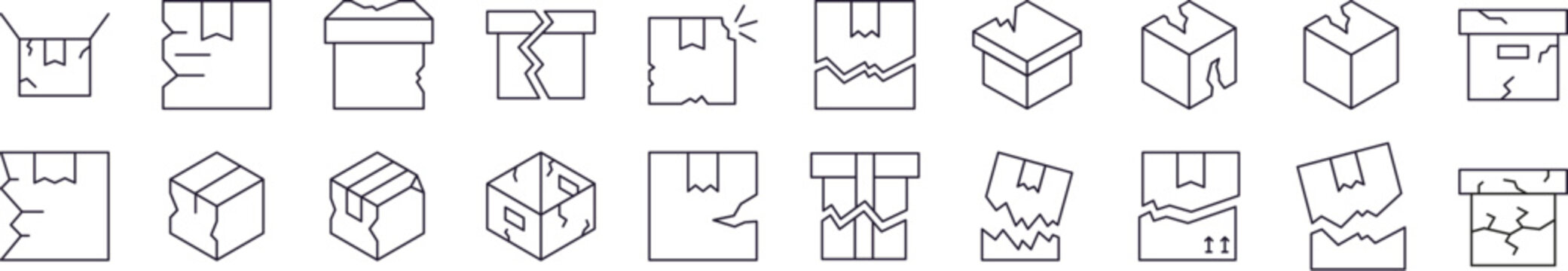 Pack of Transportation Related Line Icons. Broken Box Outline Signs for Graphic and Web Design, Apps, Adverts, Various Cards