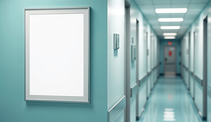 Blank white poster mockup on hospital corridor wall.