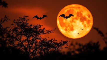Silhouette of bats flying against a huge full moon, eerie orange glow in the sky, and dark shadows of trees