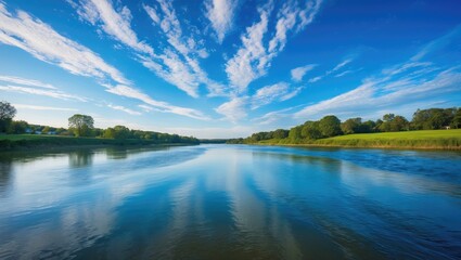 Obraz premium Serenity of the river landscape with lush green banks and a vibrant blue sky. Nature and water scene, peaceful and picturesque environment.