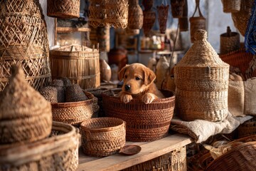Obraz premium A light brown puppy is nestled in a woven basket surrounded by other baskets, creating a cozy and inviting scene.