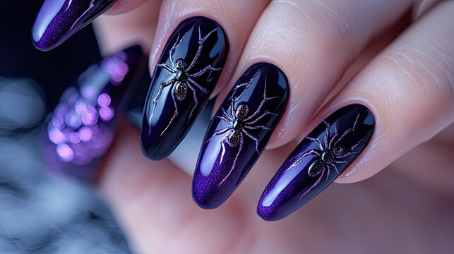 Stylish gel nails painted in deep purple with metallic spider designs, perfect for an elegant yet spooky Halloween vibe