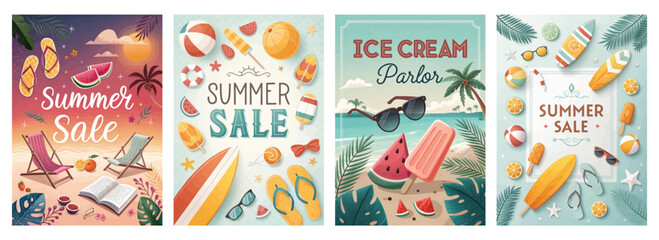 Colorful summer sale graphics featuring beach themes, vibrant colors, and playful elements.