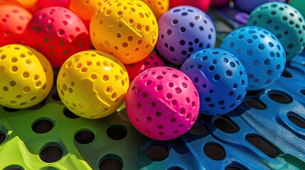 Variety of pickleball balls in rainbow colors, scattered in a casual yet organized layout for a sporty, playful feel