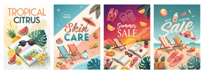 Obraz premium Colorful tropical sale posters featuring sunny beach themes and vibrant summer elements.