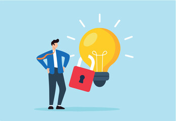 Flat illustration of businessman stand beside locked bright lightbulb symbolizing intellectual property protection