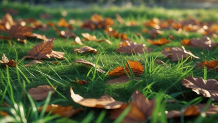 Autumn leaves on green grass in a park landscape with natural sunlight. Fall season scene. Nature and seasonal change. The beauty of autumn.