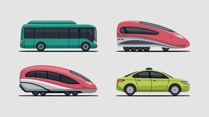 Illustrated Green Bus, Two Red Trains, and Light Green Taxi on White Background