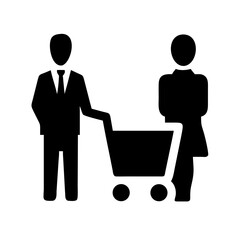 Business couple stands with shopping cart.
